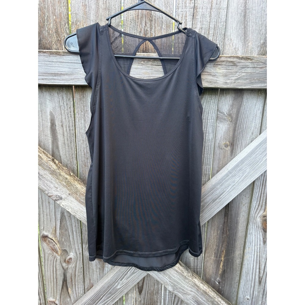 Glowmode Black Open Back Mesh Activewear Tank Top Ruffle Sleeve Yoga Gym Medium